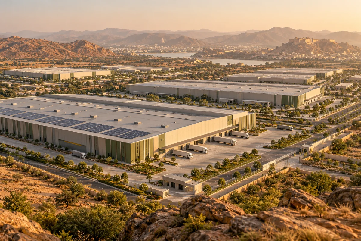 Illustrative aerial view of an industrial campus in a Rajasthan-inspired landscape